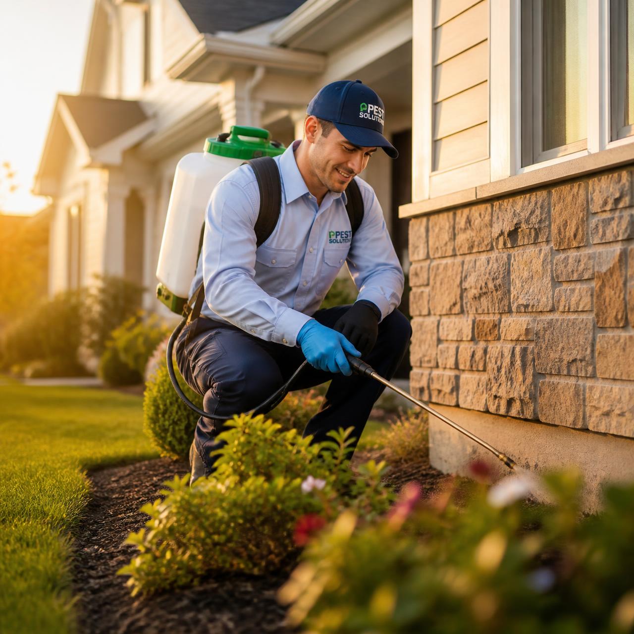 Licensed residential pest control technician treating a family home